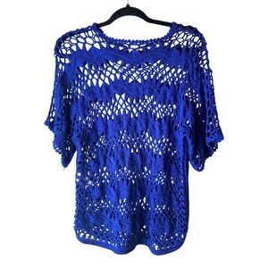 Chico's Royal Blue Open Crochet Knit Sweater Sz 0 / S boho nautical Festival hip